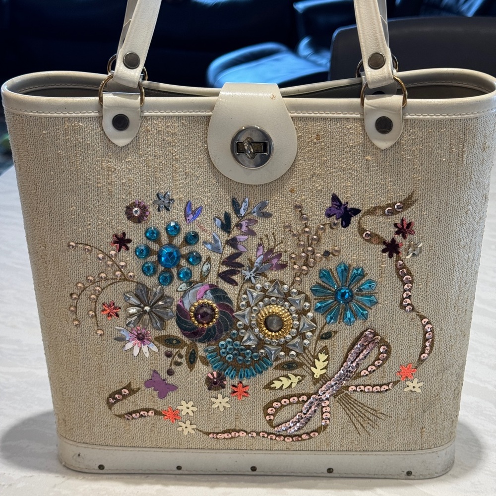 Elegant Floral Embroidered Beige Satchel